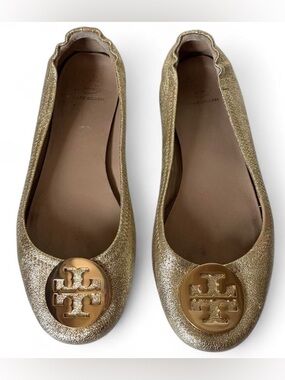 Tory Burch Reva Metallic Gold Crinkle Leather Ballet Flats size 8.5